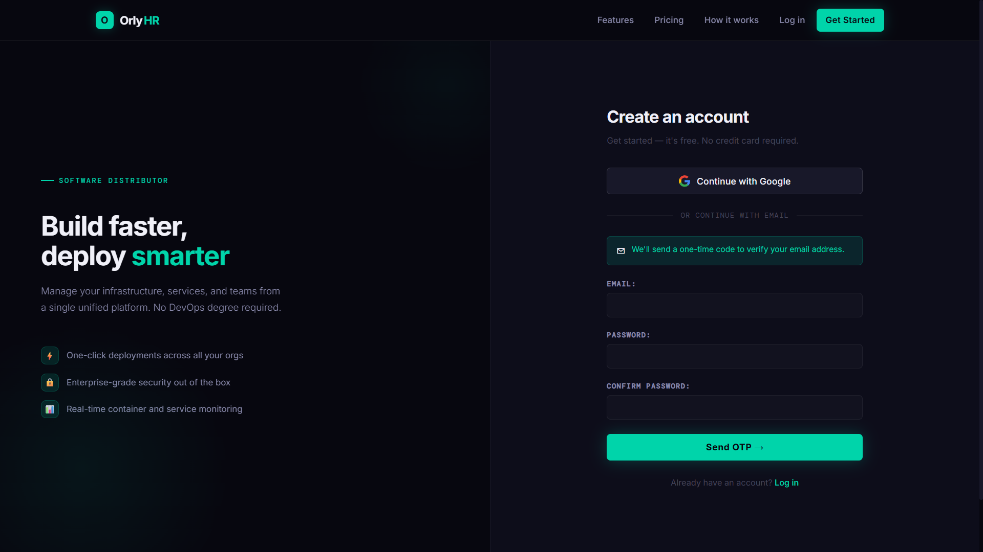Create an account page — Continue with Google or email + OTP