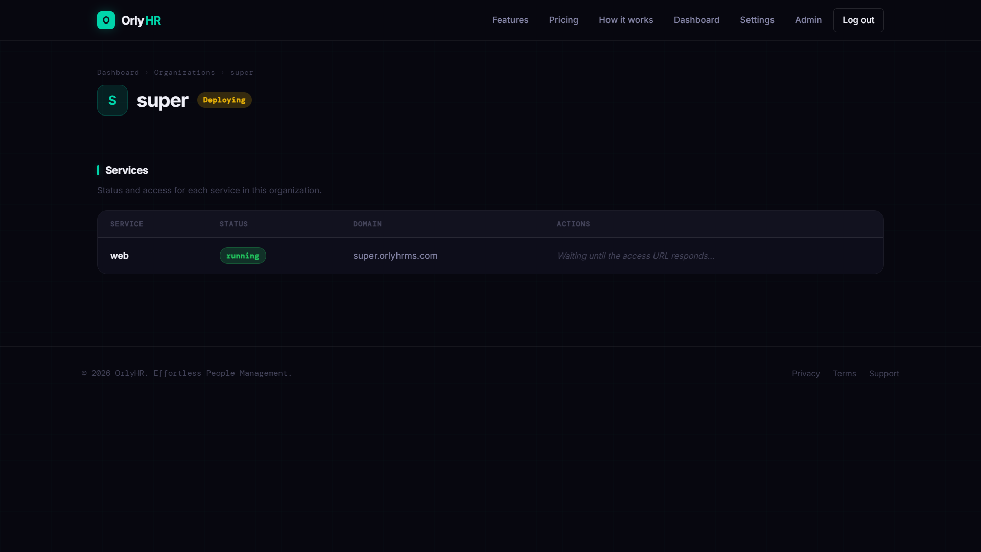 Organization detail page — Deploying status, web service running, waiting for access URL