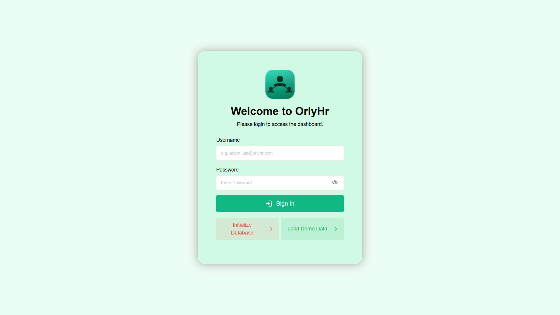 OrlyHR portal login page — Initialize Database and Load Demo Data buttons
