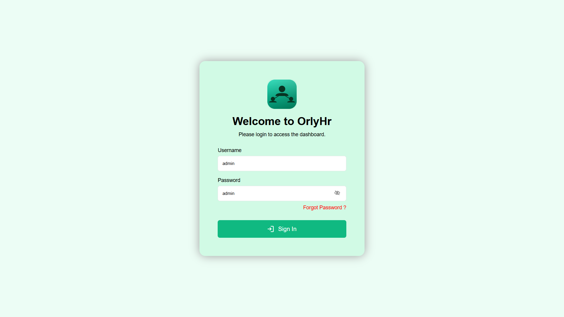 OrlyHR login — Username: admin, Password: admin